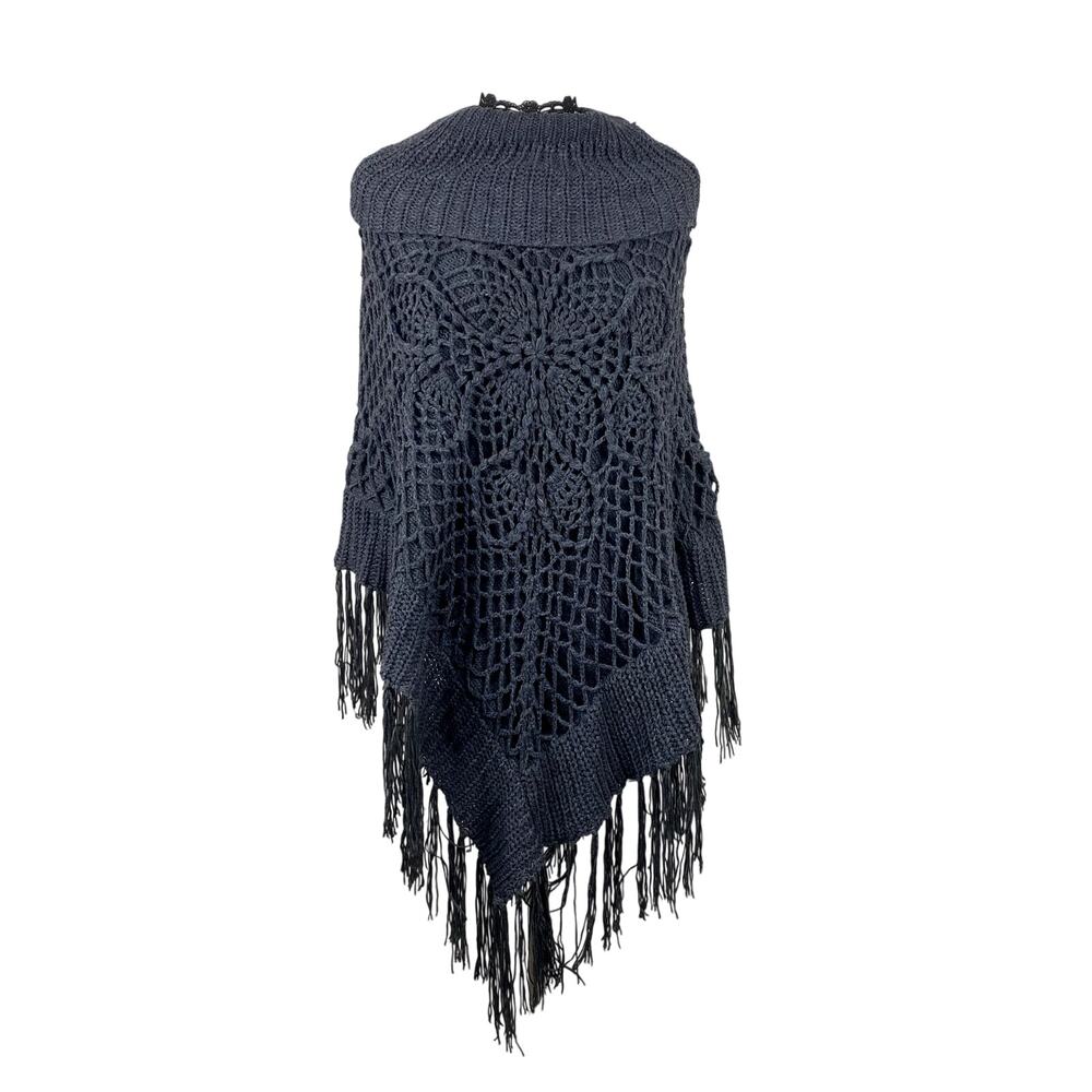 The Classic Gray Knit Tassel Fold Over Neckline Boho Hippie Earthy Poncho Shawl